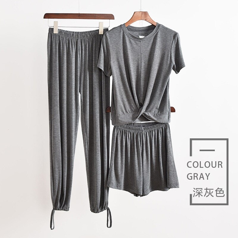 Høst modal hjemmeklær for kvinner pyjamas buksesett høst t-skjorte 3 stk hjemmeklær kvinnelige pyjamas modal lounge wear hjemmedress: Mørk grå / L  (53-60) kg