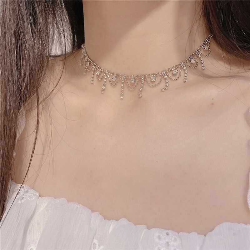 Pearl Clavicle Chain Choker Necklace for Women Rhinestone Tassel Pendant Wedding Party Statement Girls Collar