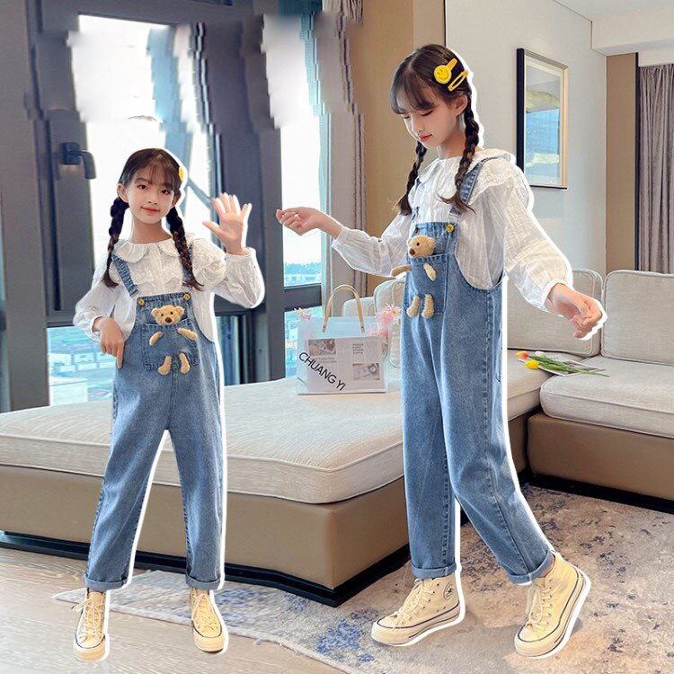 Tuta per bambini jeans per ragazze 2022 tasche per tuta con bretelle in denim per bambini con orso primavera autunno pantaloni per bretelle per ragazze adolescenti