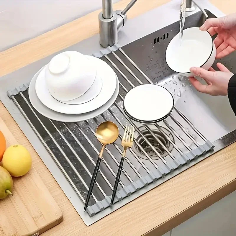Évier de cuisine, étagère de séchage de la vaisselle, égouttoir à légumes enroulable en acier inoxydable, antirouille, facile à nettoyer, accessoire de cuisine