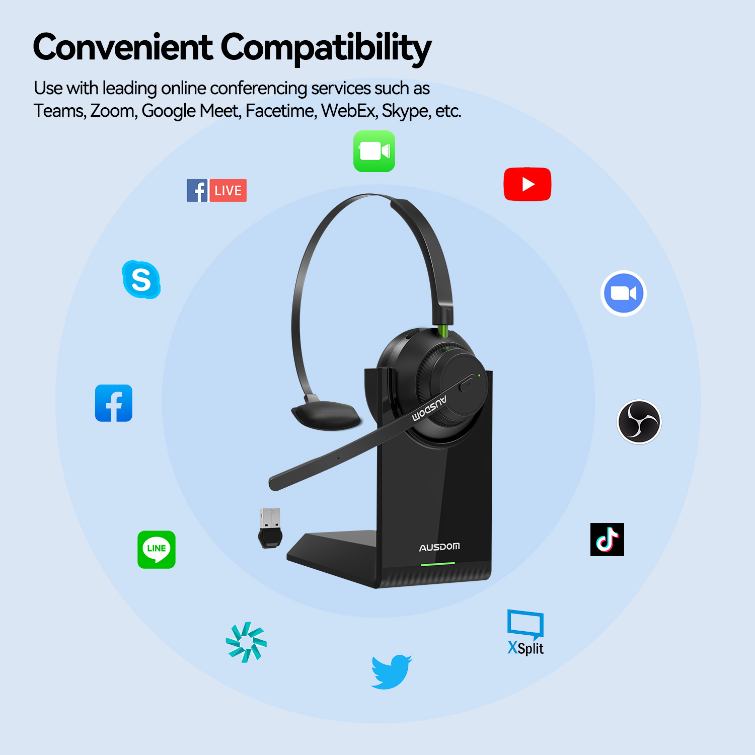 AUSDOM A2302 Trucker Bluetooth 5.1 AI Noise Cancelling Mics Wireless Headset With Charger Stand 50h Headphones For Call Center