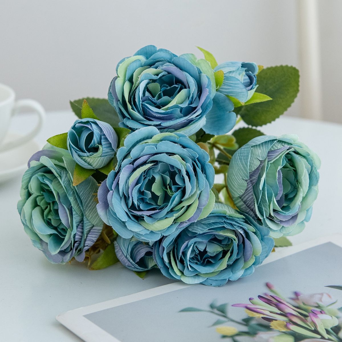 Konstgjord blomma växt pion gör-det-själv jul hem festival fest utomhus trädgård bågdekor bröllop brudbukett: Blå