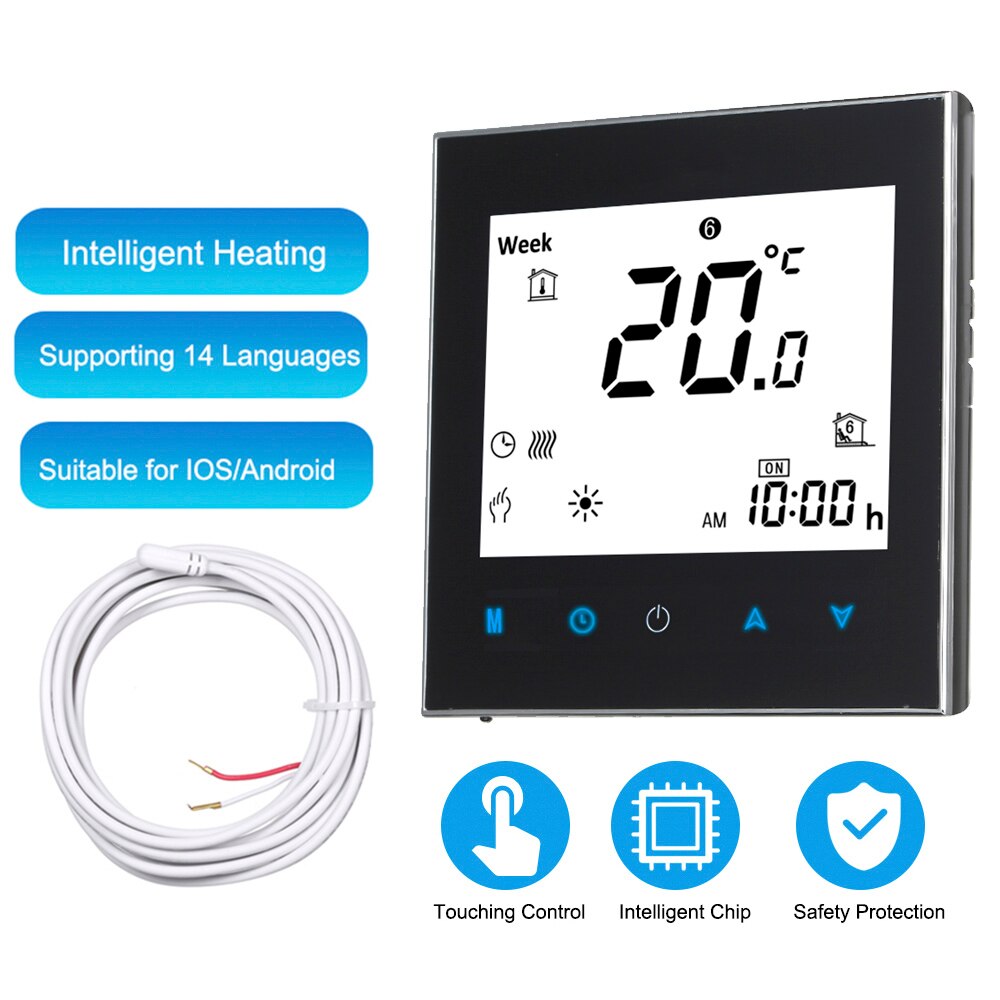 Digital thermostat AC 95-240V with WiFi voice control LCD touch screen for all electric heating systems floor heating thermostat: black no wifi