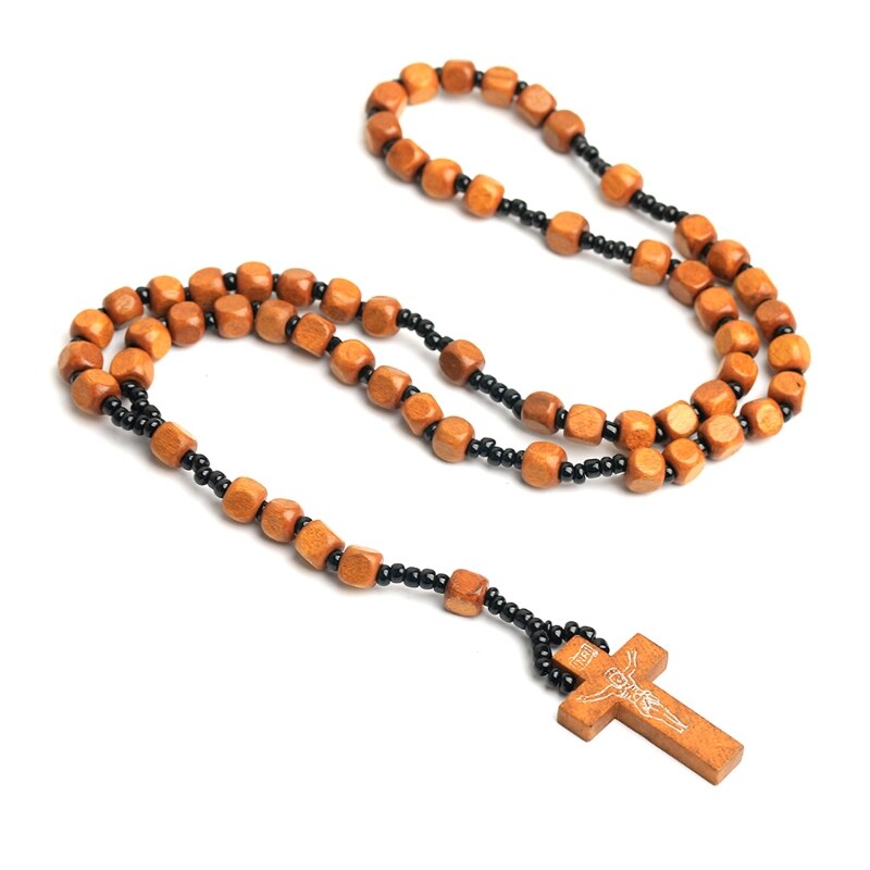 Handgemaakte Houten Kralen Rozenkrans Ketting Kruis Hanger Kettingen Voor Mannen Vrouwen Religieuze Jesus Sieraden: Pine color