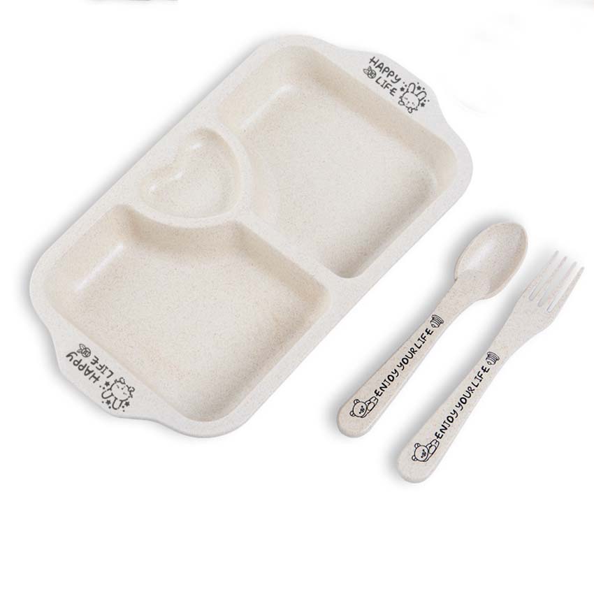 Cartoon Baby Dishes Wheat Fiber Sub-grid Plates Irregular Children Tableware For Infant Toddler Kids Feeding Utensils: Beige Heart 3GridSet