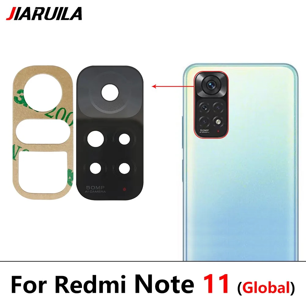 2 sztuki / partia ， Szklany obiektyw tylnego aparatu dla Xiaomi Redmi Note 10 10s Pro 11 Pro 11T 11s 11E 4G 5G z naklejką samoprzylepną: Pomarańczowy