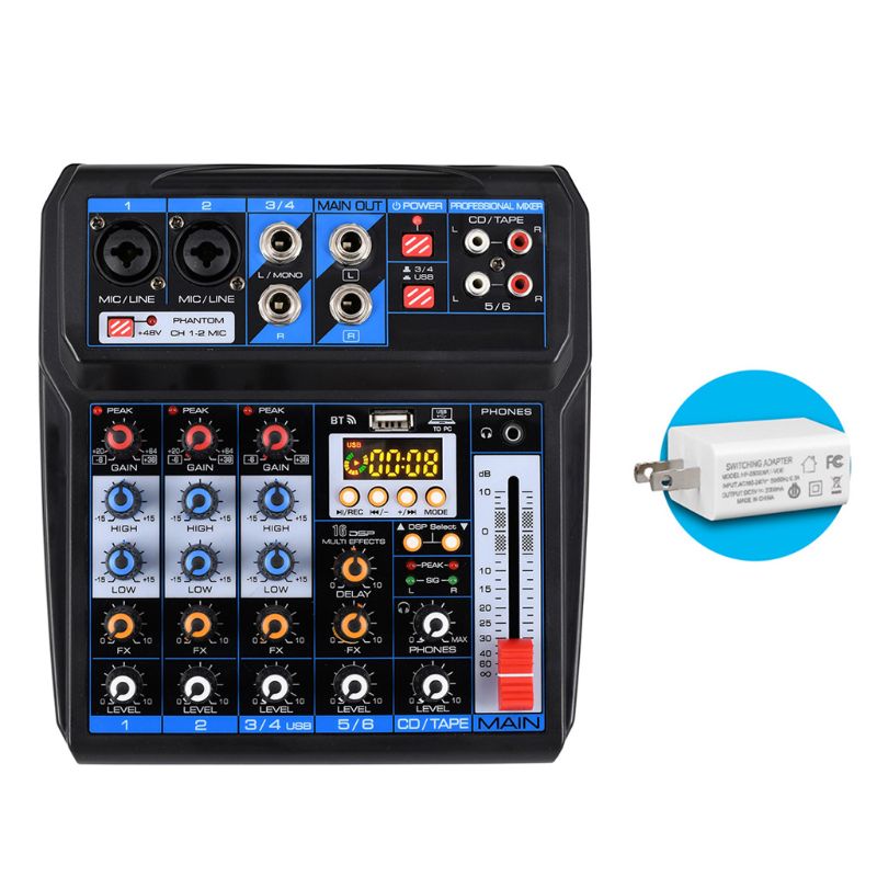 6 Channel 16 DSP Effects Audio Mixer Sound Mixing Console DC5V Power Supply USB Record Bluetooth Sound Card: US