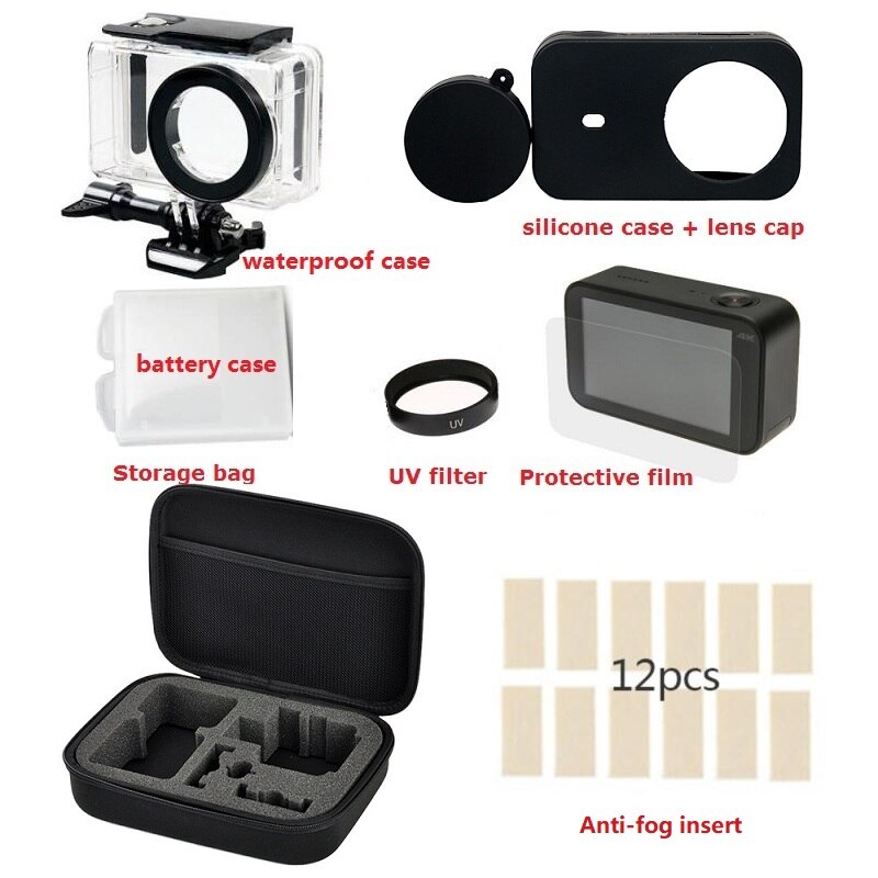 Kit Bag for Xiaomi Mijia 4K Mini Camera Waterproof Housing Battery Case Frame Cover Silicone Shell Lens Cap UV Filter Glass Film: 7 PCS set