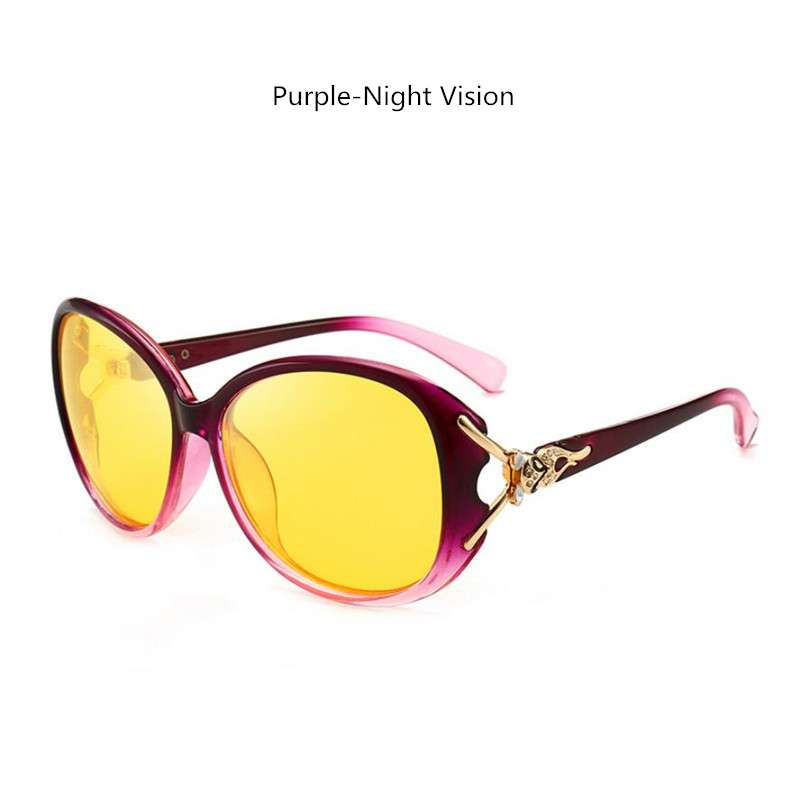 Women Polarized Night Vision Driving Glasses , Black Oval Oversize Sunglasses With Diamonds Goggles Driver Yellow UV400 N8842: Purple