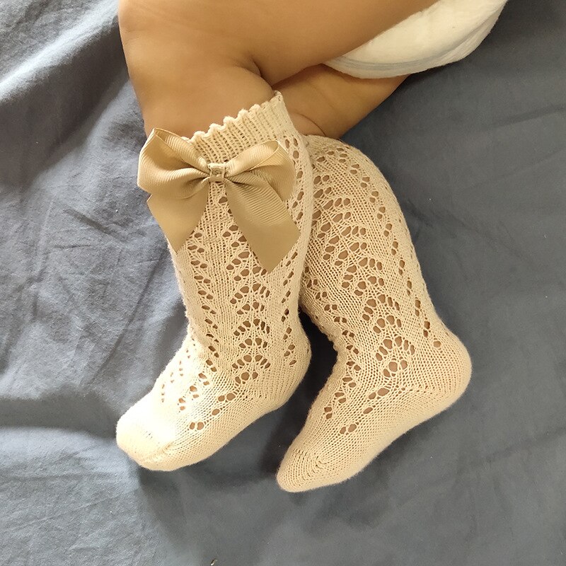 0-3Years Baby Girls Hollow Out Bowknot Stockings Knitted Solid Breathable Thin Leggings For Infant Newborn Baby: Khaki / S for 0-1Year