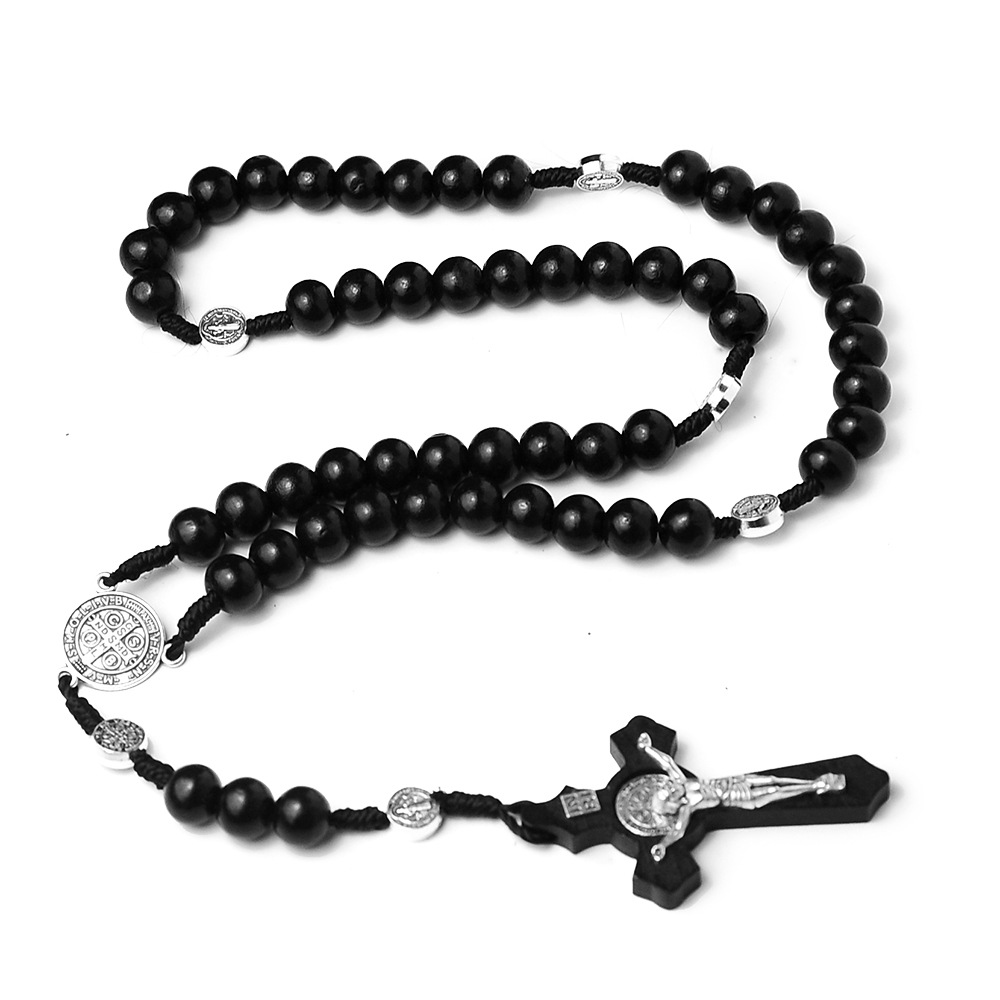 10MM Holz Perlen Rosenkranz Kreuz Halskette Für Frauen Männer Christian Jungfrau Maria INRI Anhänger Kette Religion Schmuck: verrotten-braun