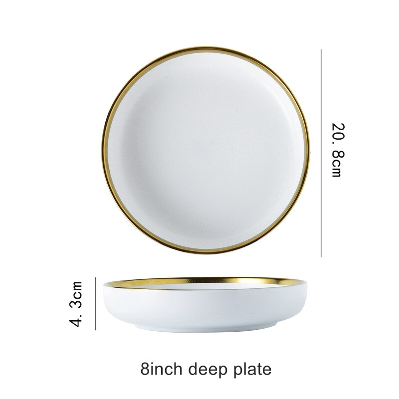 Juego de vajilla de porcelana con borde dorado, plato de cerámica para pastel, comida, ensalada, sopa, tazón, vajilla para restaurante: 8inch deep plate