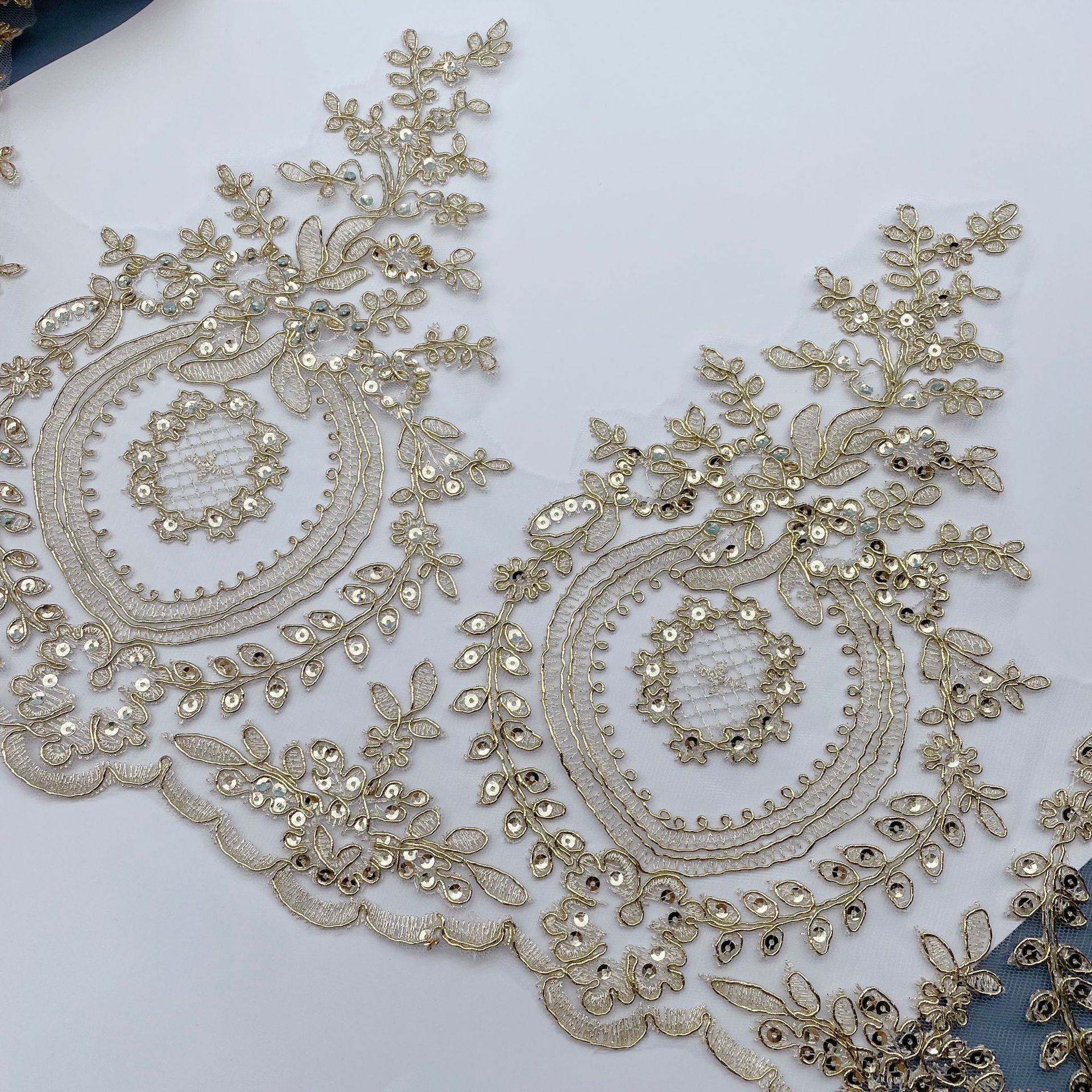 1 yard 28cm brede pailletten licht goud mesh kant rand luxe borduurwerk licht goud kant stof voor trouwjurken