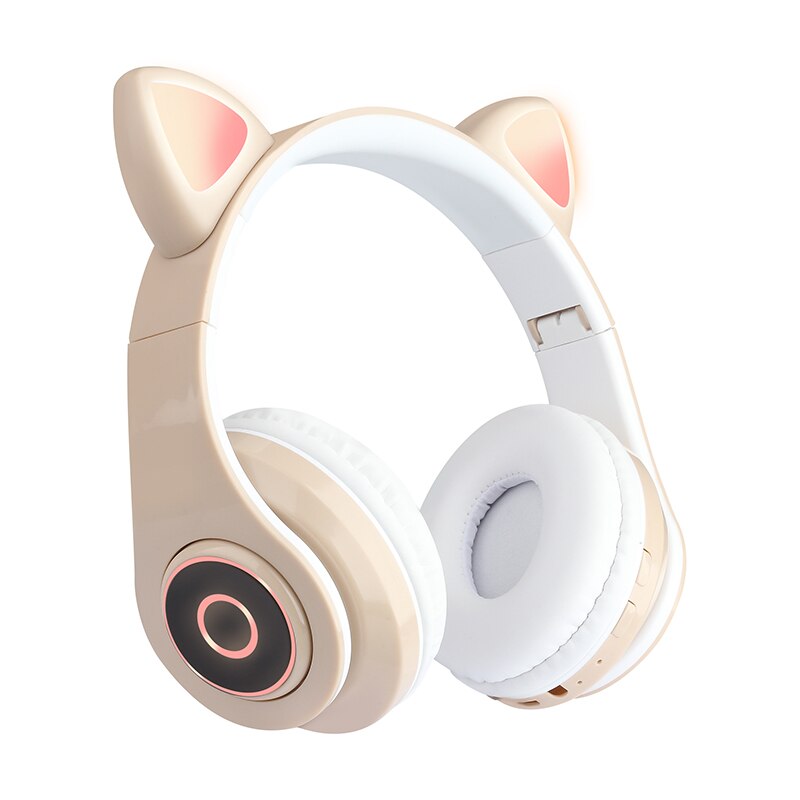 Wireless headphones children MP3 player with LED colorful breathing lights cat ears with microphone Bluetooth headset: cream color