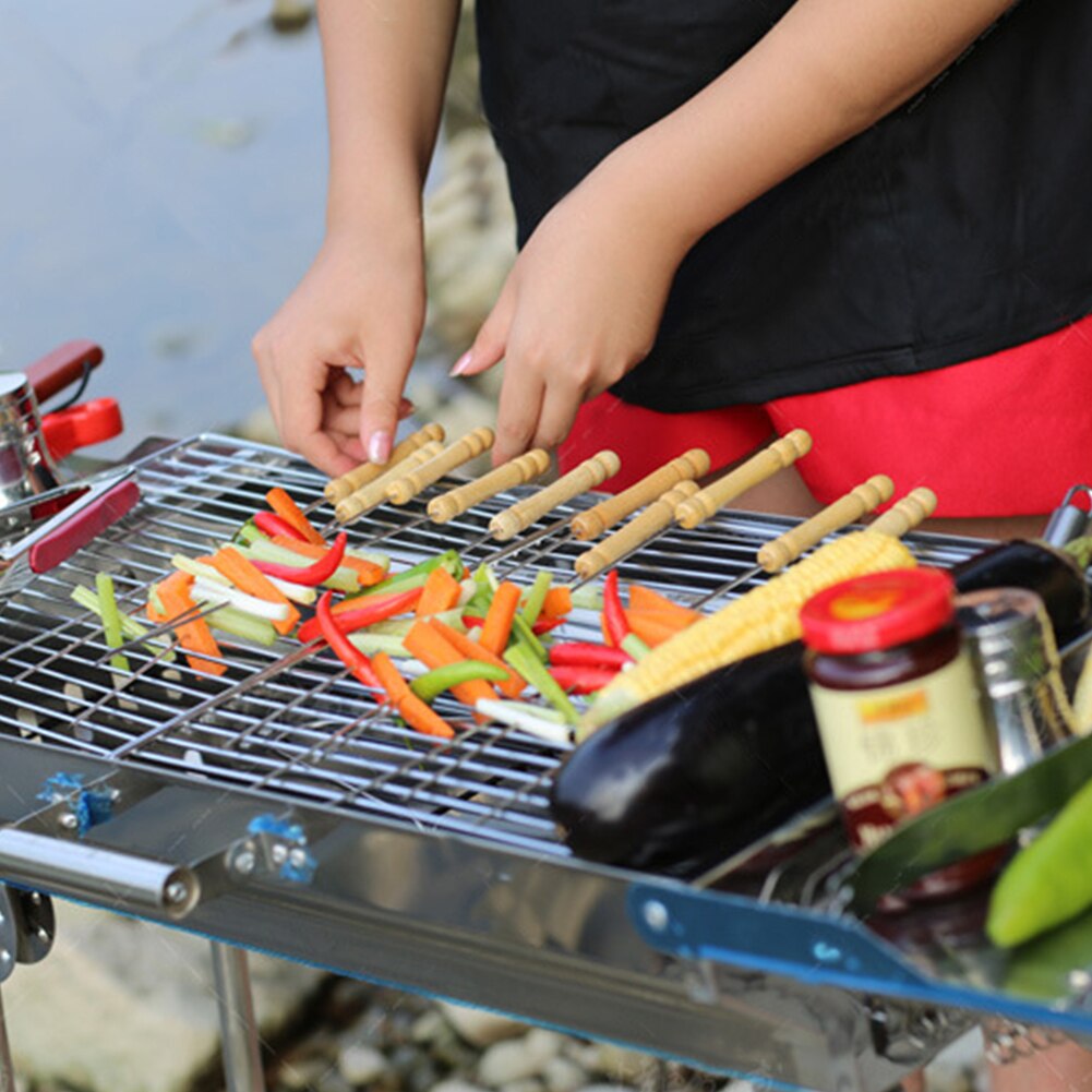 10pcs Flat Barbecue Stick BBQ Camping Roasting Needle With Wooden Handle Brochette Tong Kebabe Skewers Wooden Roasting Tools