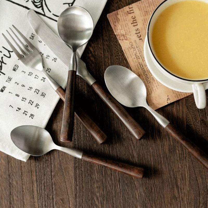 Retro Wooden Handle Dinner Knife Fork and Spoon 304 Stainless Steel Steak Knife Fruit Fork Coffee Tea Spoon Cutlery Set