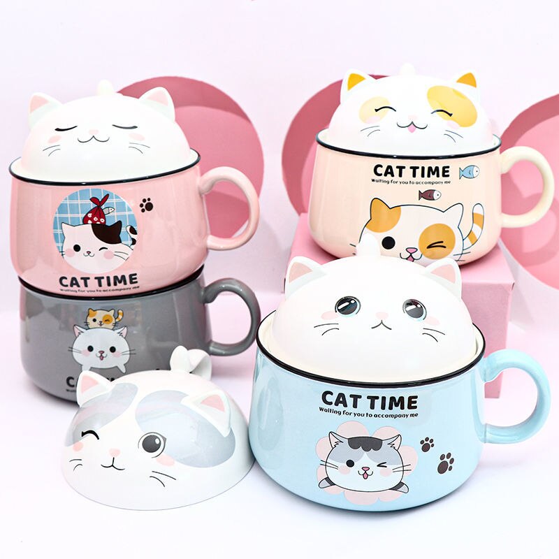 Cartoon Cat Bowl Ceramic Bowl Large Capacity Soup Bowl Kitchen Tableware Salad Bowl Ramen Noodle Bowl With Lid Spoon Fruit Bowl