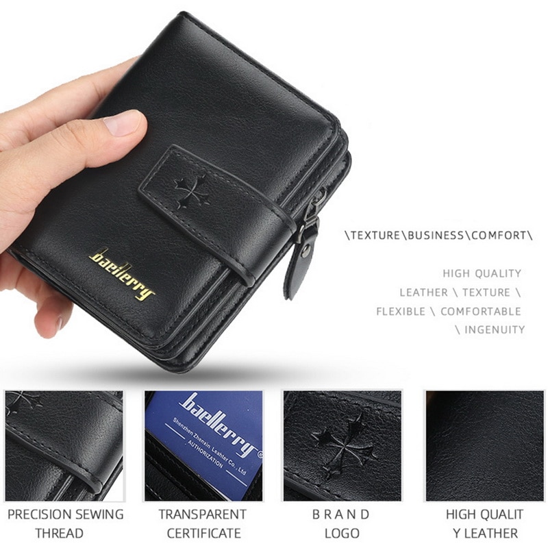 Baellery vintage curto carteira masculina de couro duplo zíperes multifunction business wallet men coin pocket alta qualidade masculino bolsa