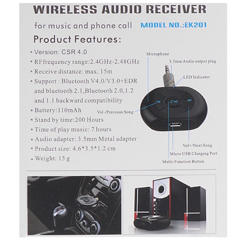 EK201 3.5mm Jack Bluetooth Car Kit Wireless AUX Music Receiver Adapter X3UC