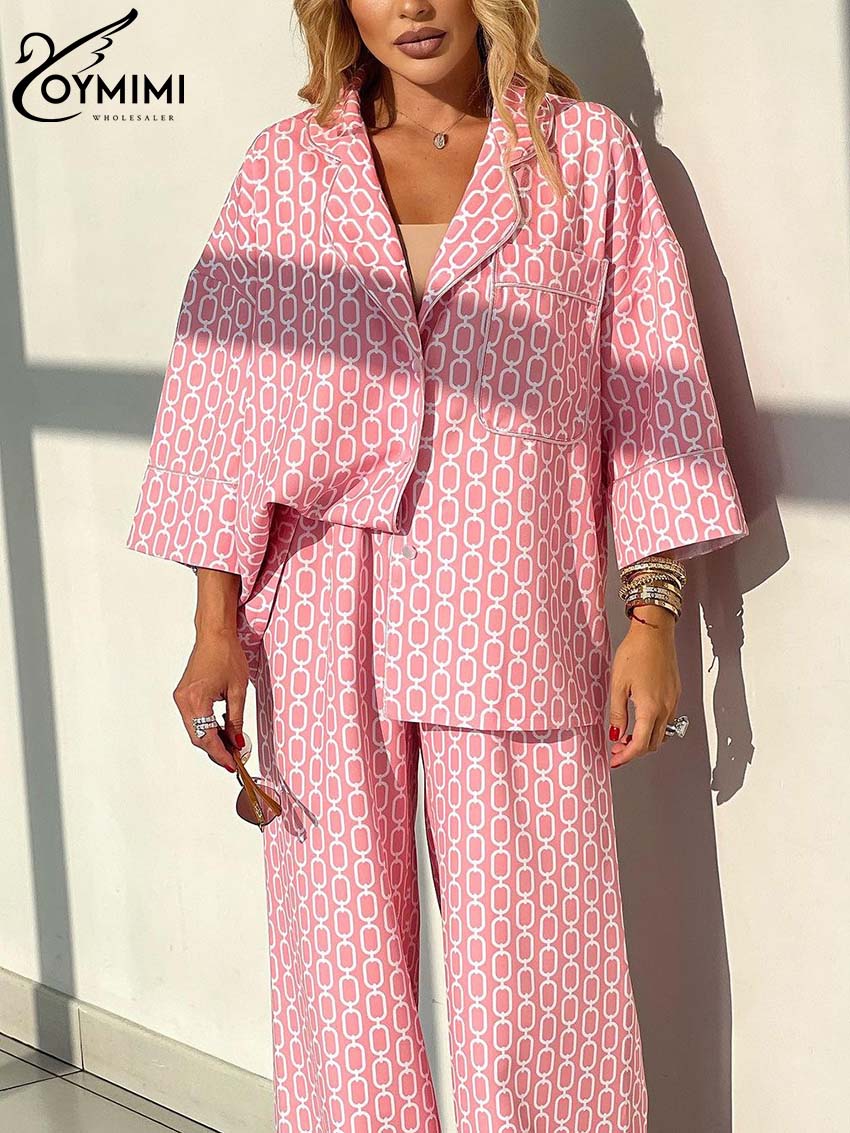 Oymimi casual rosa conjuntos de impressão das mulheres 2 peças moda solta três quartos manga bolsos camisas e calças retas conjuntos femininos