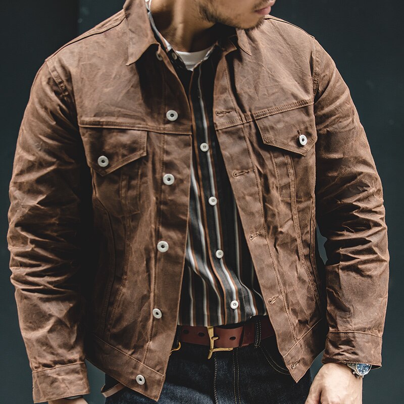 Maden-chaquetas de lona con cera al óleo para hombre, chaqueta Retro de color caqui con múltiples bolsillos, con cuentas, Ami Kaji, con bolsillo grande, ropa Vintage sólida