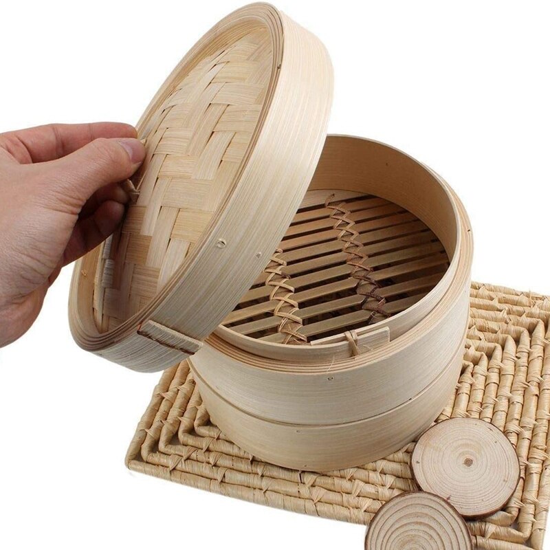 Bamboe Stoomboot 2 Tier 8 Inch Dim Sum Mand Rijst Pastakoker Set Met Deksel Door Stoom Mand Voor Groenten