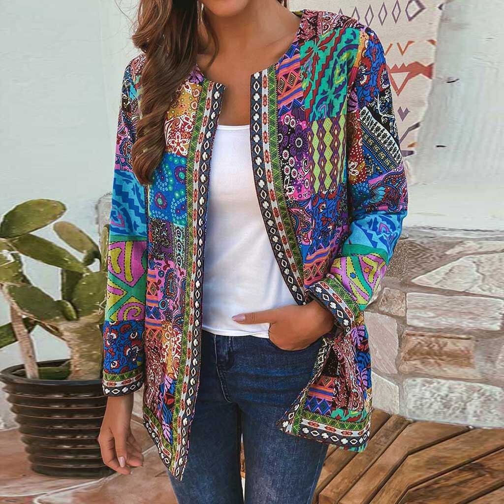 Herfst Vrouwen Vintage Etnische Stijl Bloemenprint Lange Mouwen Plus Size Katoenen Jas Jas Katoenen Jas Losse Jas Vrouw Jas