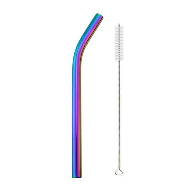 1 stücke Wiederverwendbare Trinken Stroh 304 Edelstahl Stroh 12mm Breiten Metall Strohhalme einstellen Milchshake blasiert Tee Stroh mit reiniger Pinsel: 1PC Regenbogen gebogen
