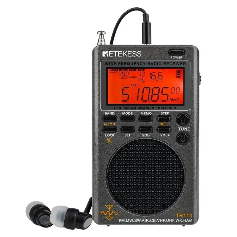 Top! Retekess TR110 Radio FM Receiver Portable Shortwave Radios AM FM All Waves Band CB AIR Band Ham Radio SW MW LSB VHF UHF: black