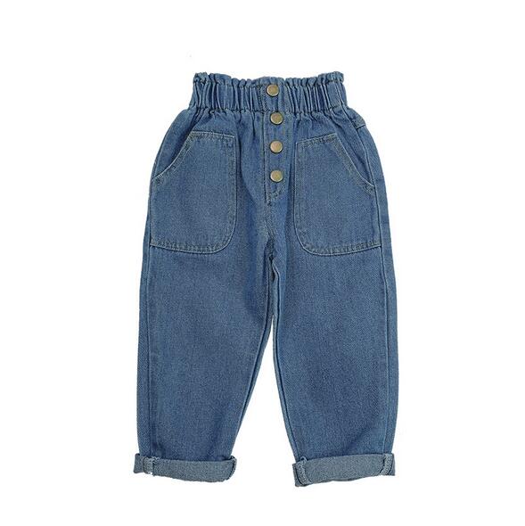 Efterår babypiger denimbukser børn børn solide jeans høj talje med knapper søde pigejeans: 5t