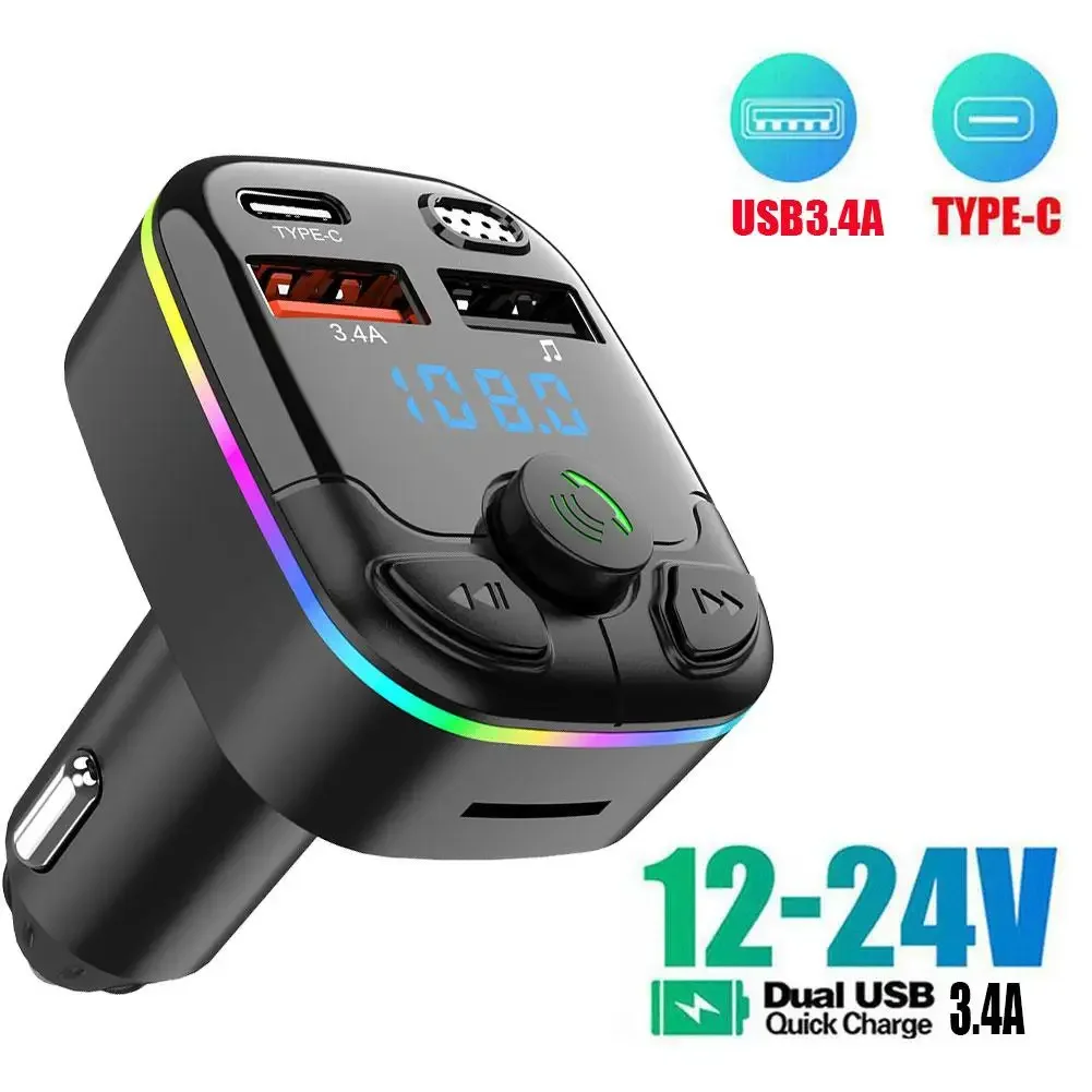 Auto Bluetooth 5.0 FM Absender 12/24V Freisprecheinrichtung Dual USB Umgebungslicht TF Karte MP3 Spieler Typ-C PD20W QC3.0 3,4A Schnellladegerät