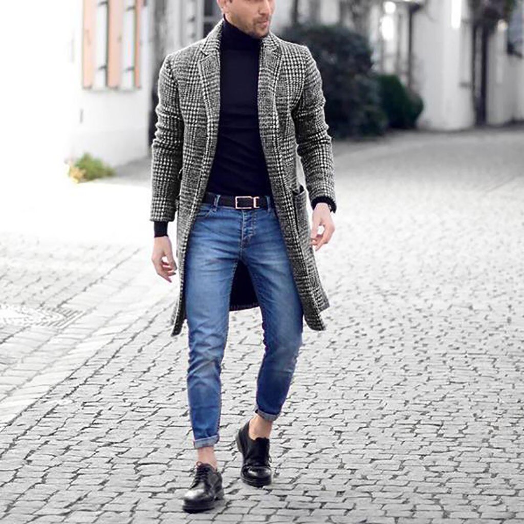 Heren Trenchcoat Jas Vest Plaid Print Jas Mannen Toevallige Winter Mode Hounstooth Heren Lange Jas Jas Uitloper