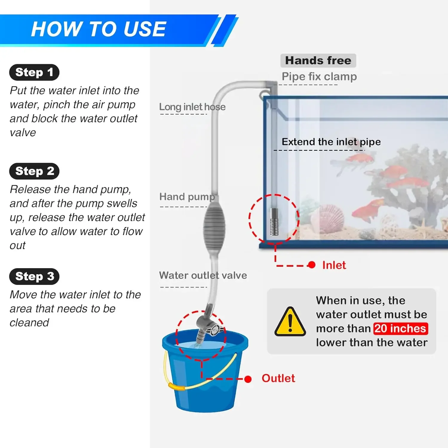 Kit de herramientas de limpieza para lavado de hielo y cambio de agua, sifón para acuario, grava al vacío/arena, con tubo de extensión, grande