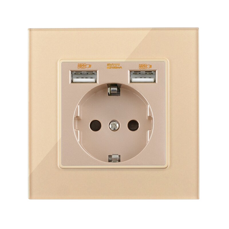 Atlectric EU FR Standard Wall Socket Dual USB Port European French Socket Tempered Glass Panel Outlet Electrical Plug: EU Standard