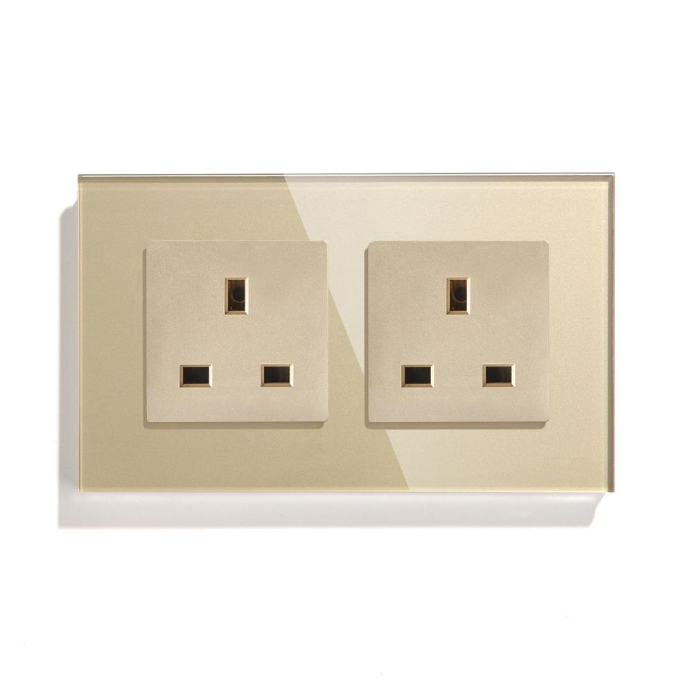 BSEED UK Standard Double Socket Wall Socket 110V-250V White Black Gloden Crystal Glass Panel 146*86mm: Golden