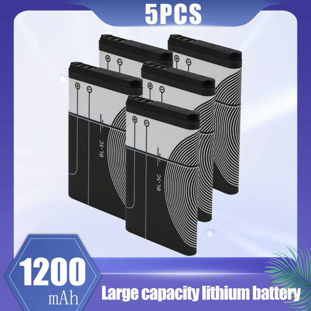 BL-5C BL5C BL 5C 3.7V 1200mAh Replacement Lithium Battery For Nokia 1100 1110 1112 1200 1208 1600 2300 2600 2610 3100 3110 5130: 5PCS