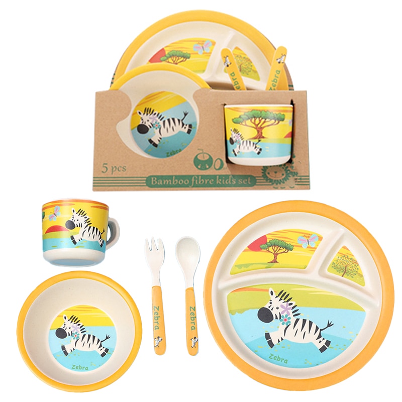 Vajilla de fibra de bambú Natural para niños y bebés, juegos de vajilla, platos de alimentación, cuencos, cuchara