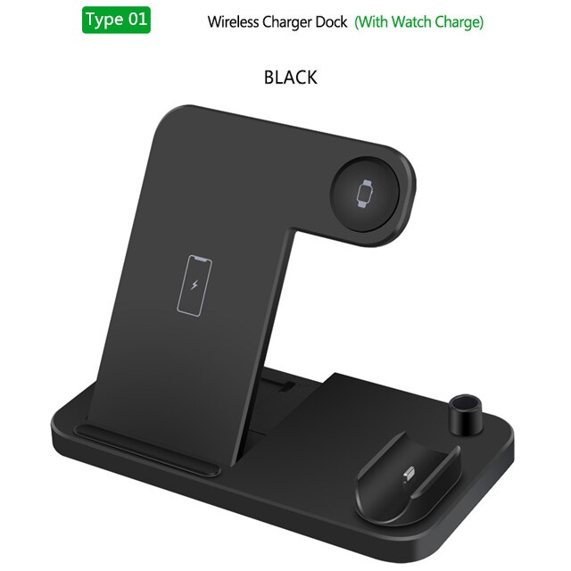 4 in 1 Wireless Charger for Apple Watch 6 5 4 3 2 AirPods Pro Qi 10W Fast Charging Dock Station For iWatch iPhone 11 XS XR X 8: Type1 Black