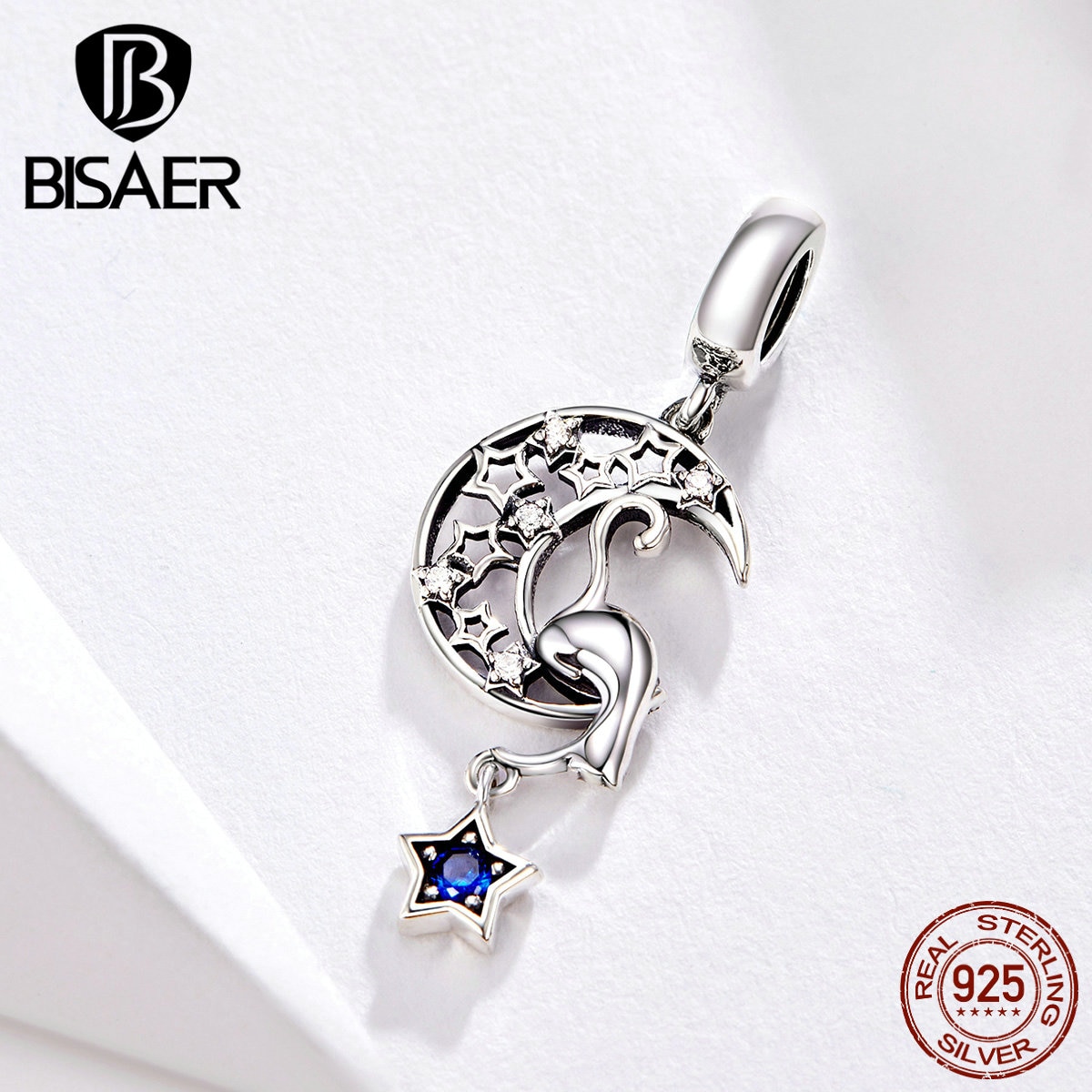 Abalorios BISAER con forma de gato y luna de cuento de Plata de Ley 925 con forma de luna con forma de gato y estrella para pulseras DIY ECC1205