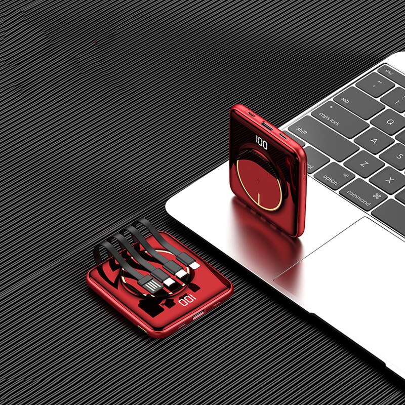 CASEIER-minibatería portátil de 10000mAh para iPhone 12, cargador inalámbrico con 4 Cables, de carga rápida, para Xiaomi: Rojo