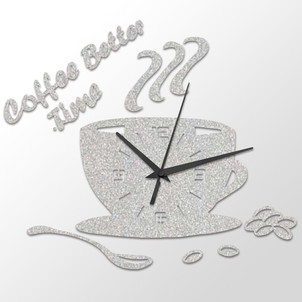 DIY Acrylic Kitchen Wall Clock Modern Coffee Cup Shape Digital Clock Wall Art Home Decor Hollow Numeral Clock: Glitter Silver / S
