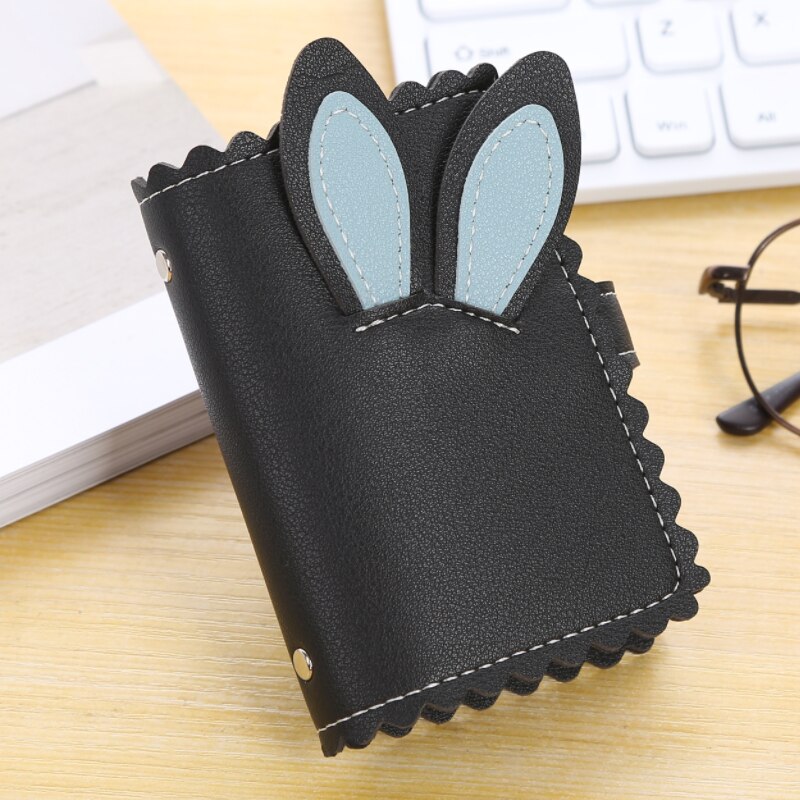 PU leather men and women business card holder rabbit ear business card holder ID bag bank card holder cartoon card holder: black