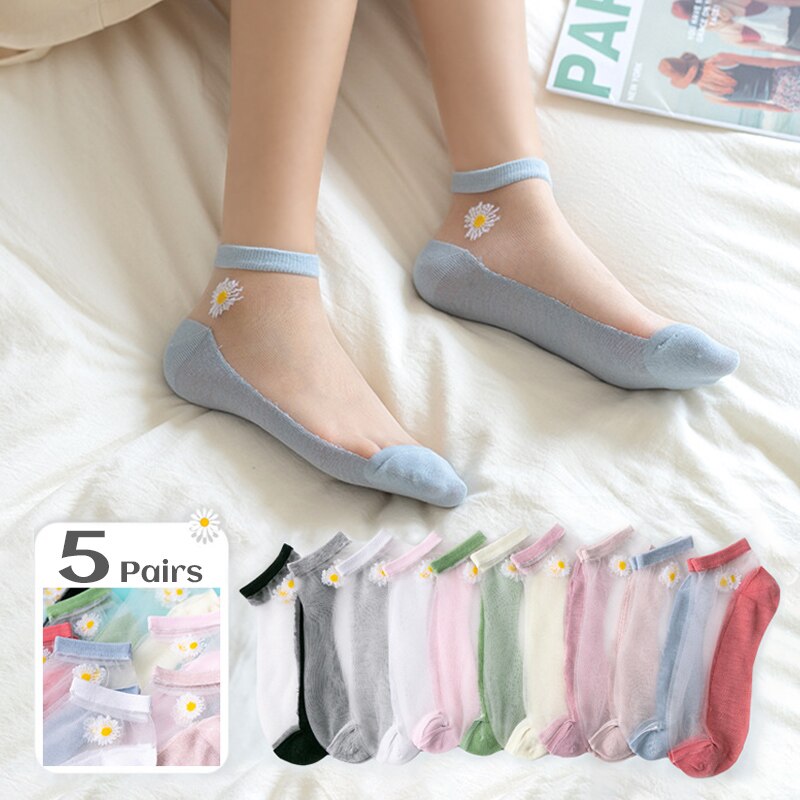 5Pairs/Lot Women Socks for summer Ultra-thin Transparent Cass Glass fiber Silk Socks daisy Flower Japan Ankle Socks