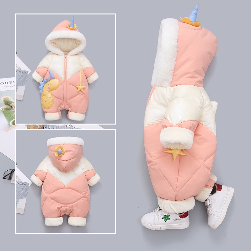 Olekid plus sammet vinter baby flicka romper tecknad dinosaurie huva nyfödd dunoverall kappa småbarn flicka jumpsuit snödräkt