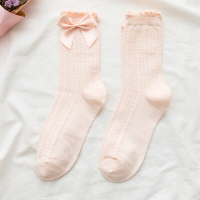 Kvinner lolita sokker søt jente japanske bobler ruffle sokking jk uniform sokk lolita tilbehør bowknot haori bomull stuepike sokk: Rosa