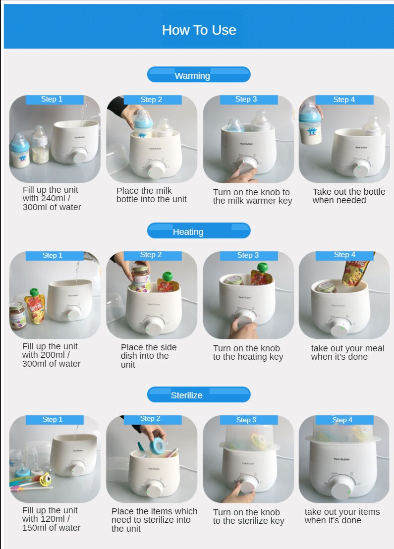 Real Bubee 3 In1 chauffe-lait pour double bouteilles stérilisateur à 3 broches et ensemble Anti-bactérien avec couvercle