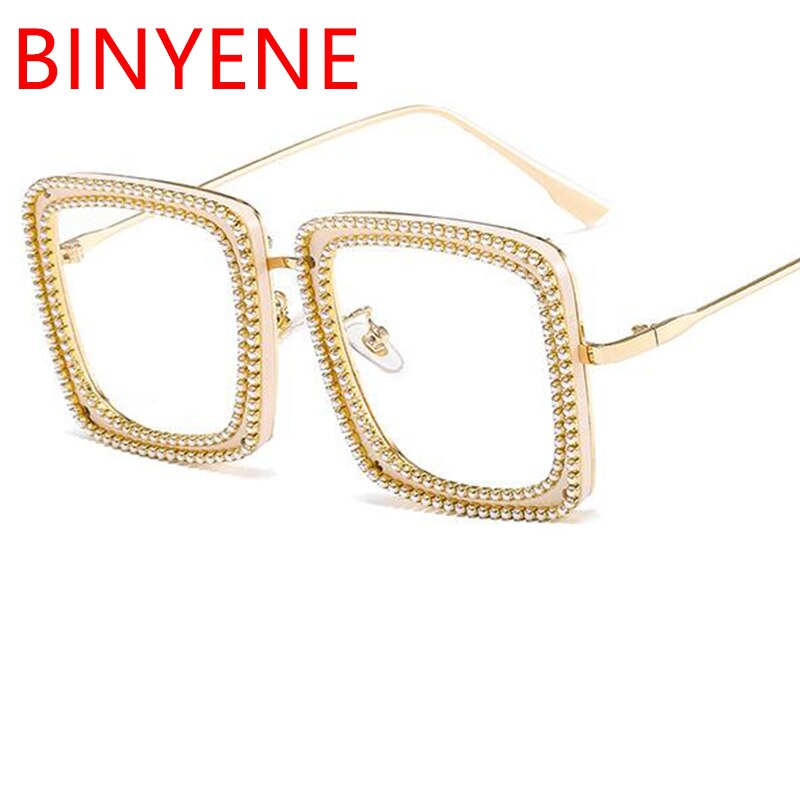 Brilmontuur met strass, heldere glazen, vierkante bril, metalen montuur, optische bril zonder sterkte, transparante bril