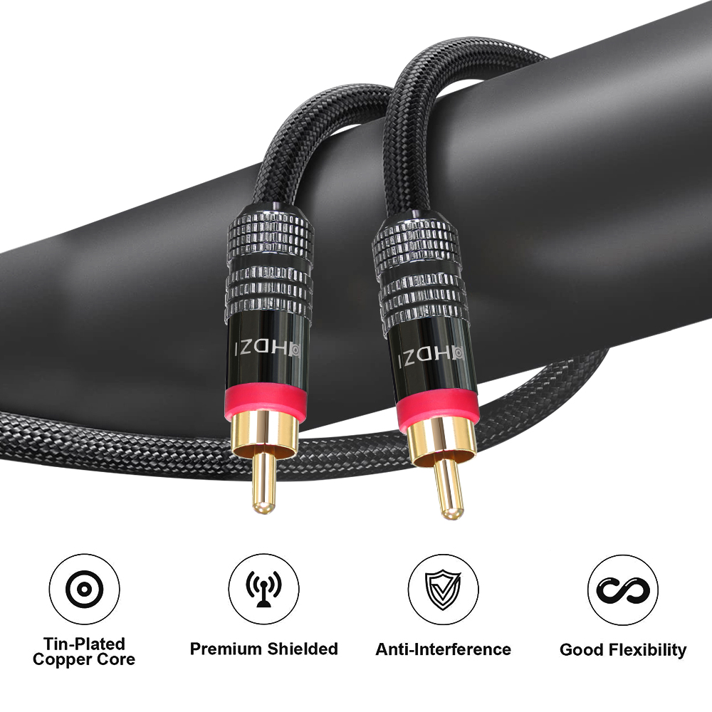 Cable coaxial de audio digital HHDZI [conectores chapados en oro de 24 quilates] Premium S/PDIF RCA macho a RCA macho para cine en casa, HDTV,