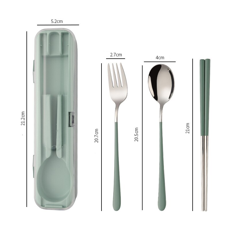Portable Travel Cutlery Set With Case Stainless Steel Spoon Fork Chopsticks Tableware: C-Green
