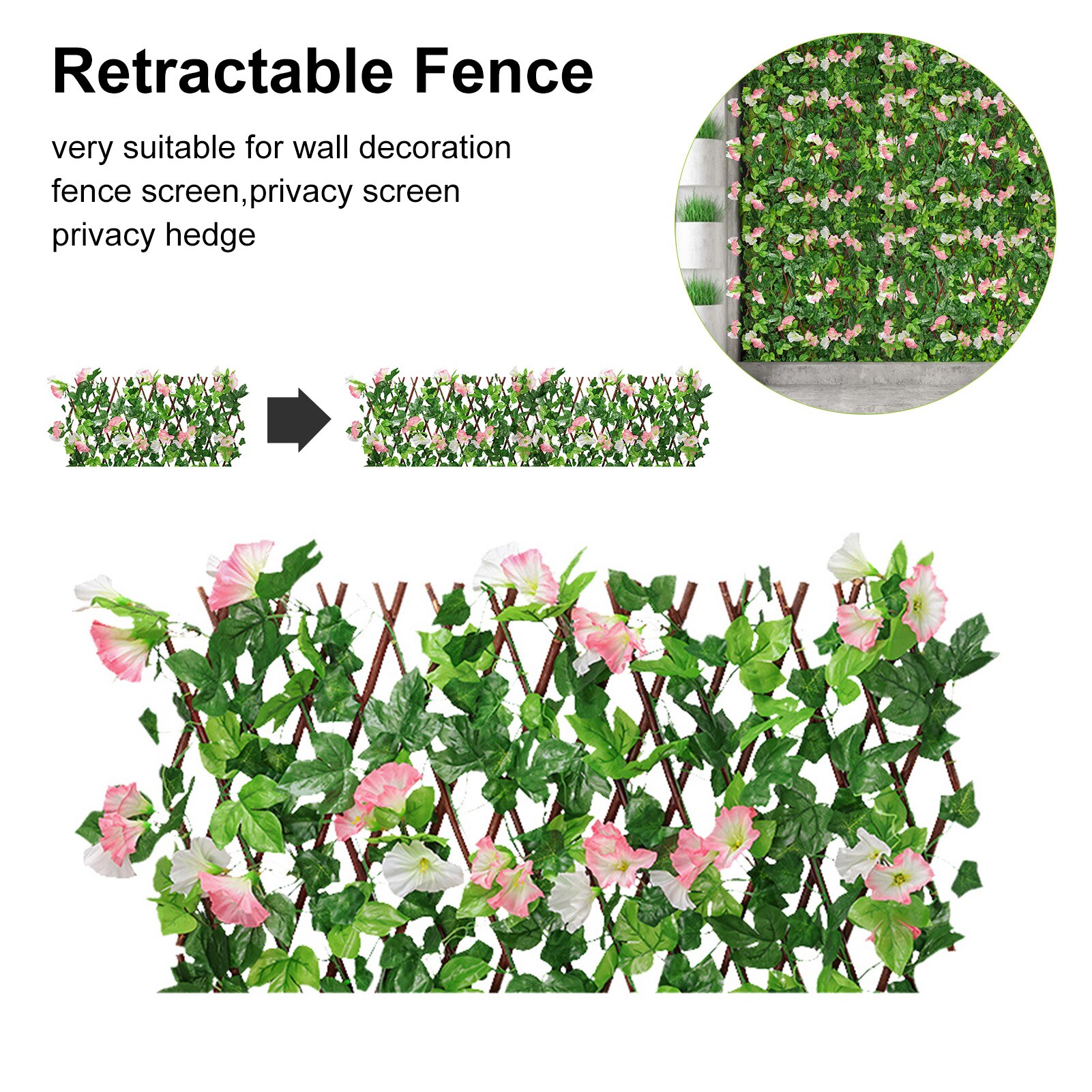 Retractable Flowers Artificial Garden Trellis Fence Expandable Faux Ivy Privacy Fence Wood Vines Climbing Frame Gardening Plant